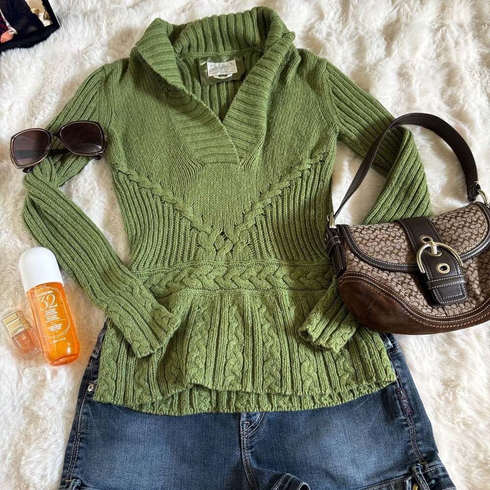 Old Navy Sweater Size S Green Shawl Collar Cable Knit Pullover